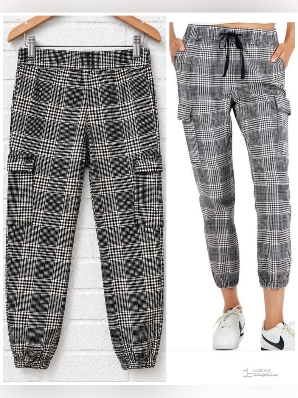 Tinseltown Plaid Cargo Jogger Pants Black White XS